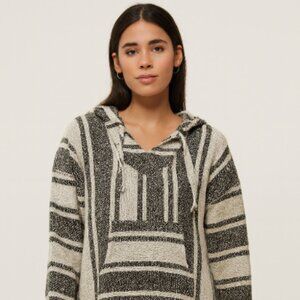 Handmade Mexican Baja Hoodie • Black & White Striped Pullover • Size Small